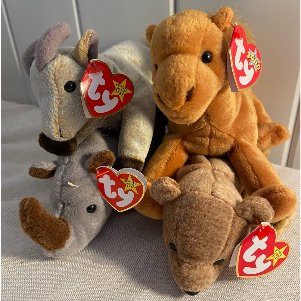 Ty Beanie Baby LOT Camel Goat Bear Rhinoceros 4 plush babies Niles Spike Pecan